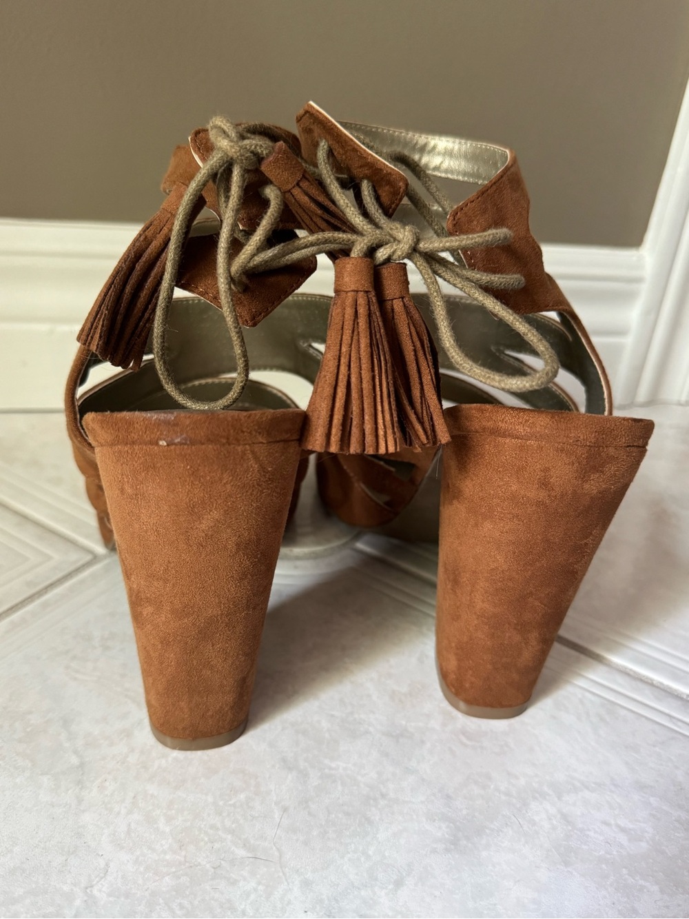 G by Guess Suede Strappy Tassel Block Heel Pumps in Cognac Brown - Picture 4 of 6